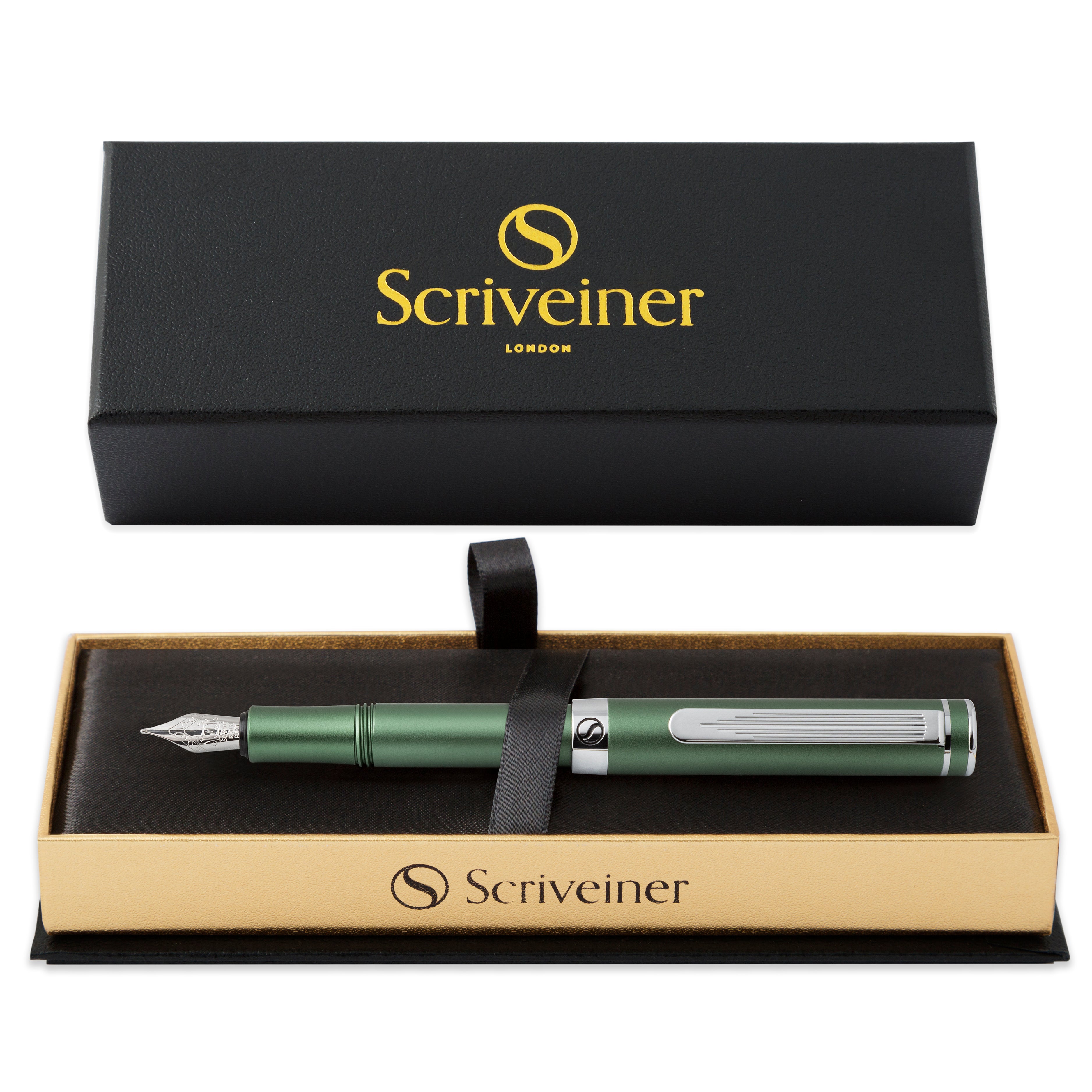 Scriveiner Luxury EDC Fountain Pen (Medium), Stunning Matt Green Pocket Pen, Chrome Finish