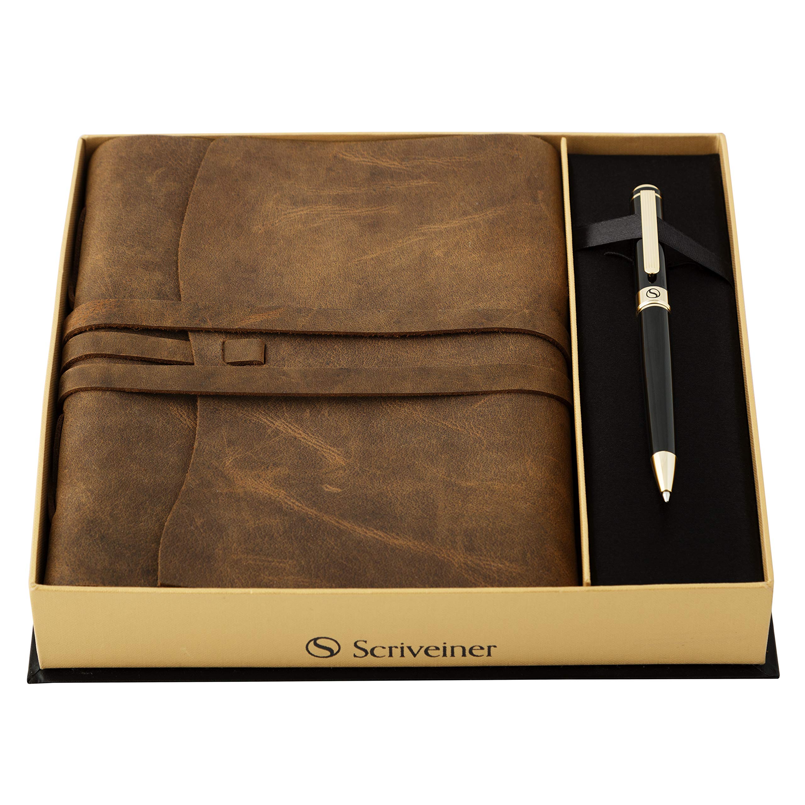 Scriveiner Premium Handmade Leather Journal – 7x5 with Black Lacquer & 24K Gold Luxury Ballpoint Pen