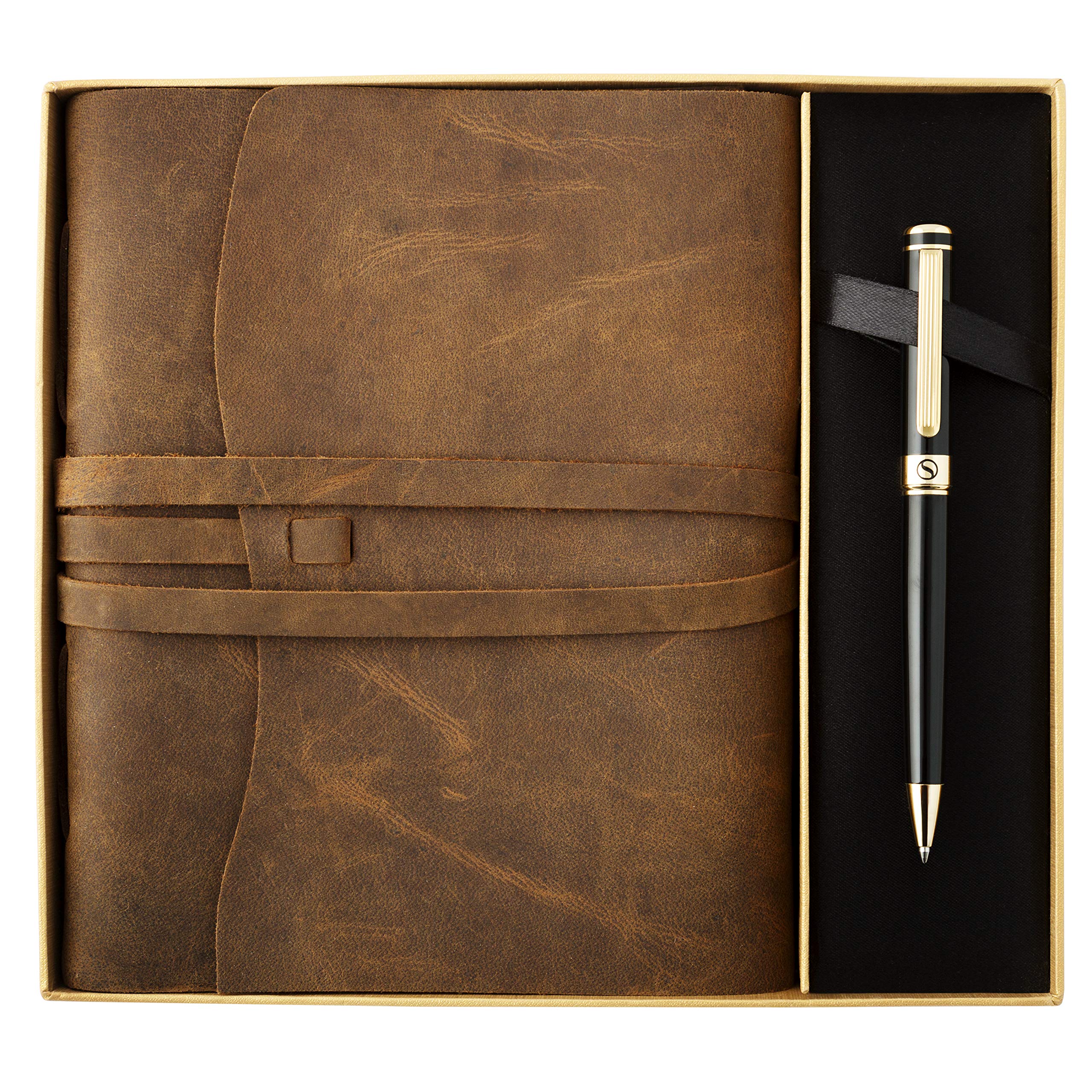 Scriveiner Premium Handmade Leather Journal – 8x6 with Black Lacquer & 24K Gold Luxury Ballpoint Pen