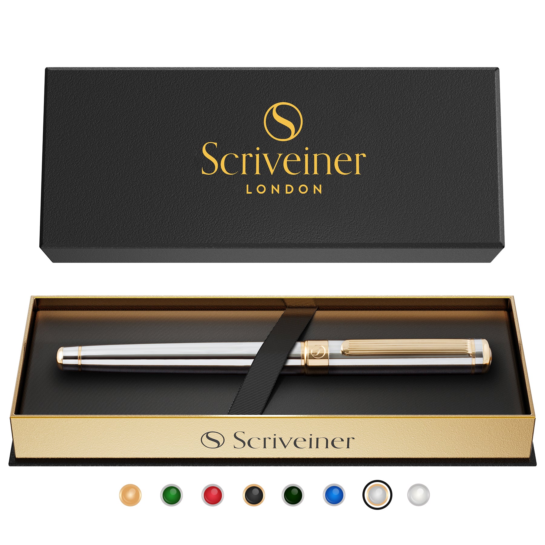 Scriveiner Classic Rollerball Pen, Medium Point, 0.7 mm, Silver Chrome/Gold Barrel, Black Ink