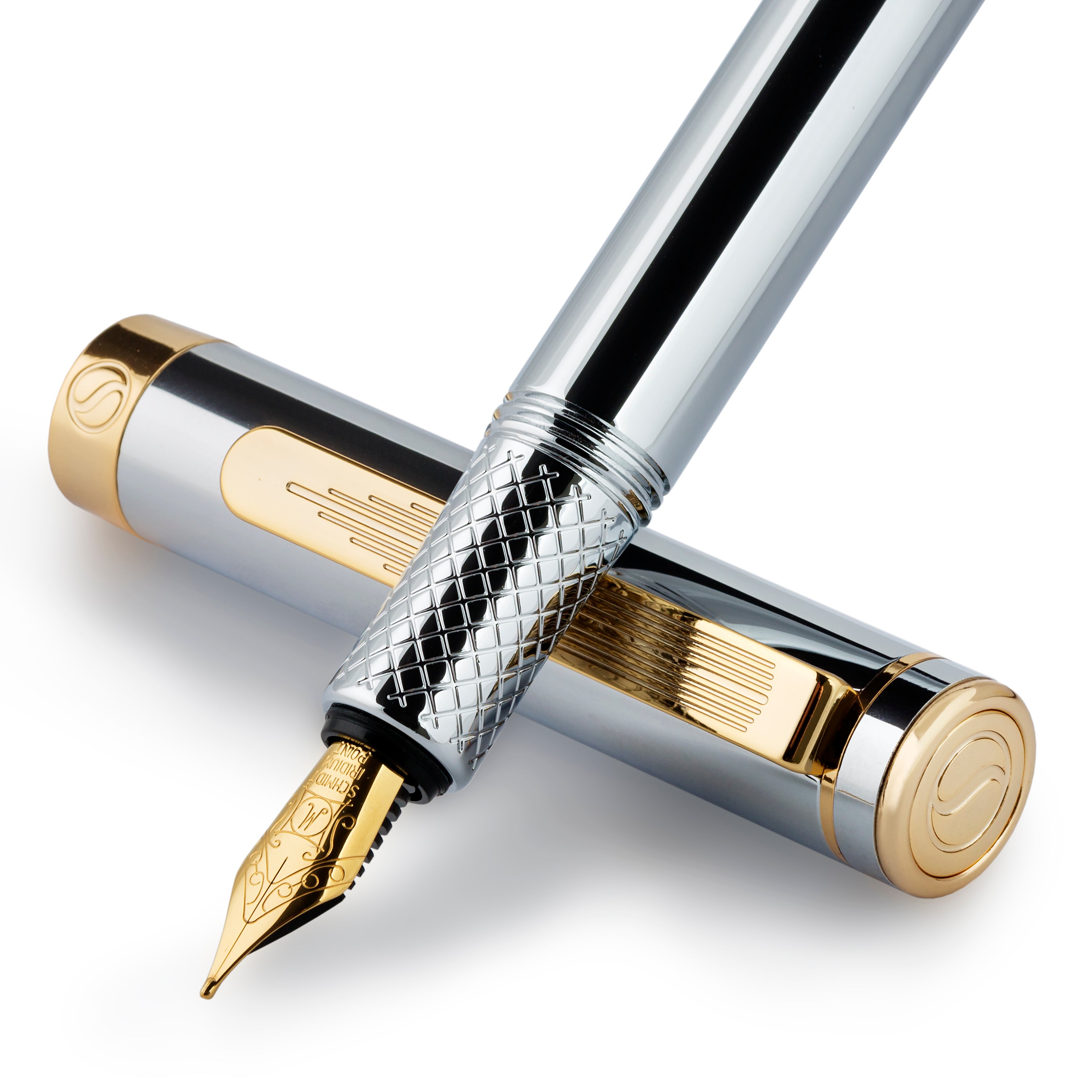 Scriveiner Silver Chrome Fountain Pen (Medium), Award Winning Luxury Pen, Heavy Pocket Pen with Gold Finish