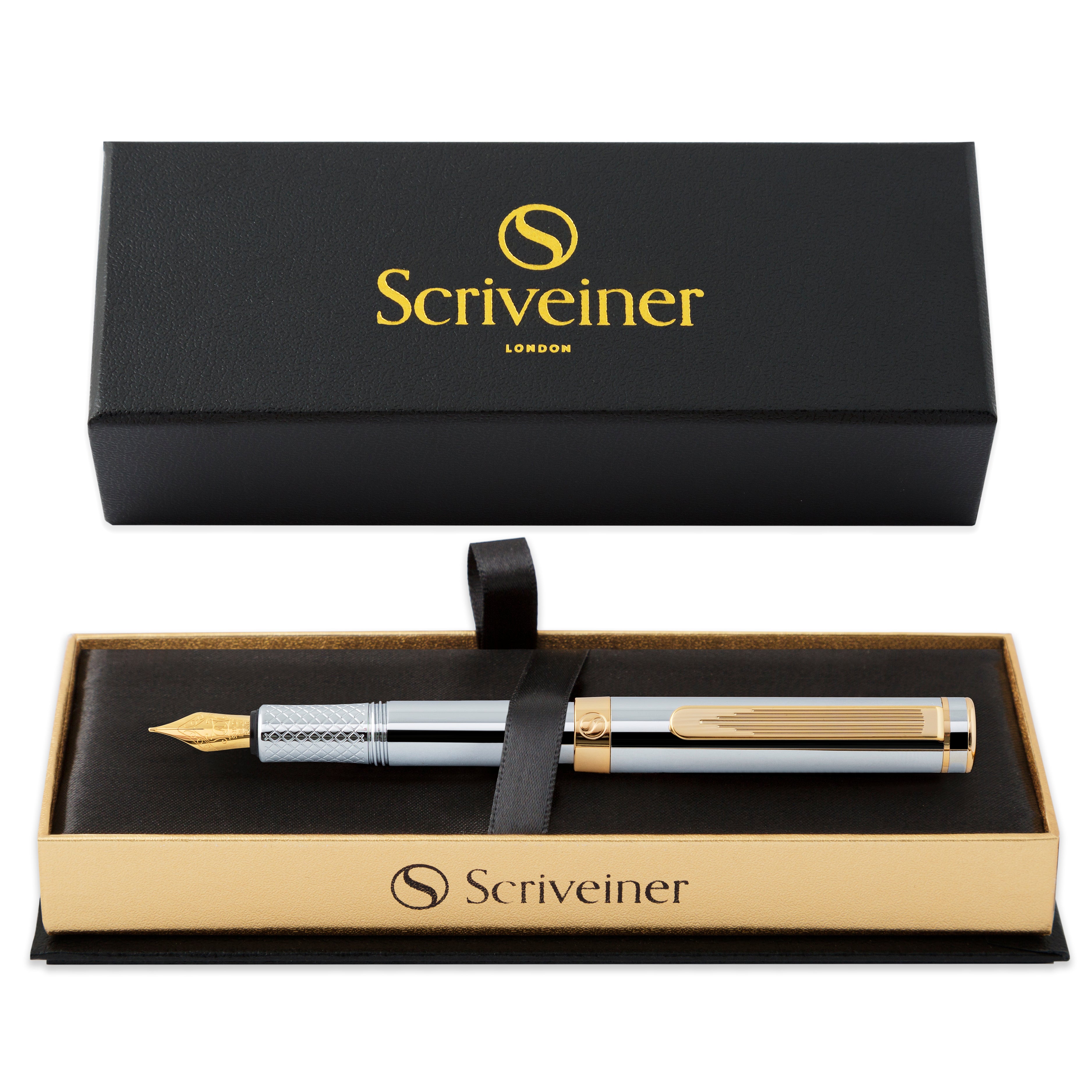 Stylo plume Scriveiner Silver Chrome (fin), stylo de luxe primé, stylo de poche lourd avec finition en or 24 carats